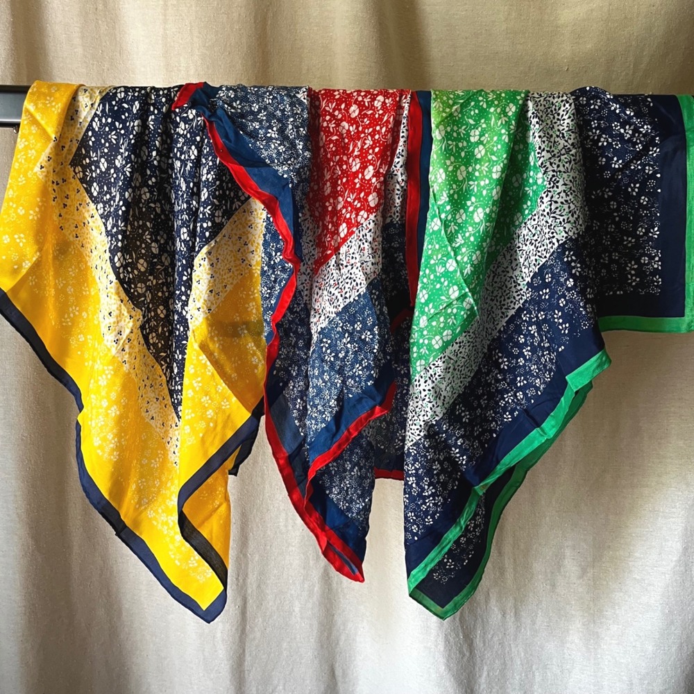 Vintage 1970s Floral Border‎ Scarf Bundle Set of 3 Mod Cottagecore Silky